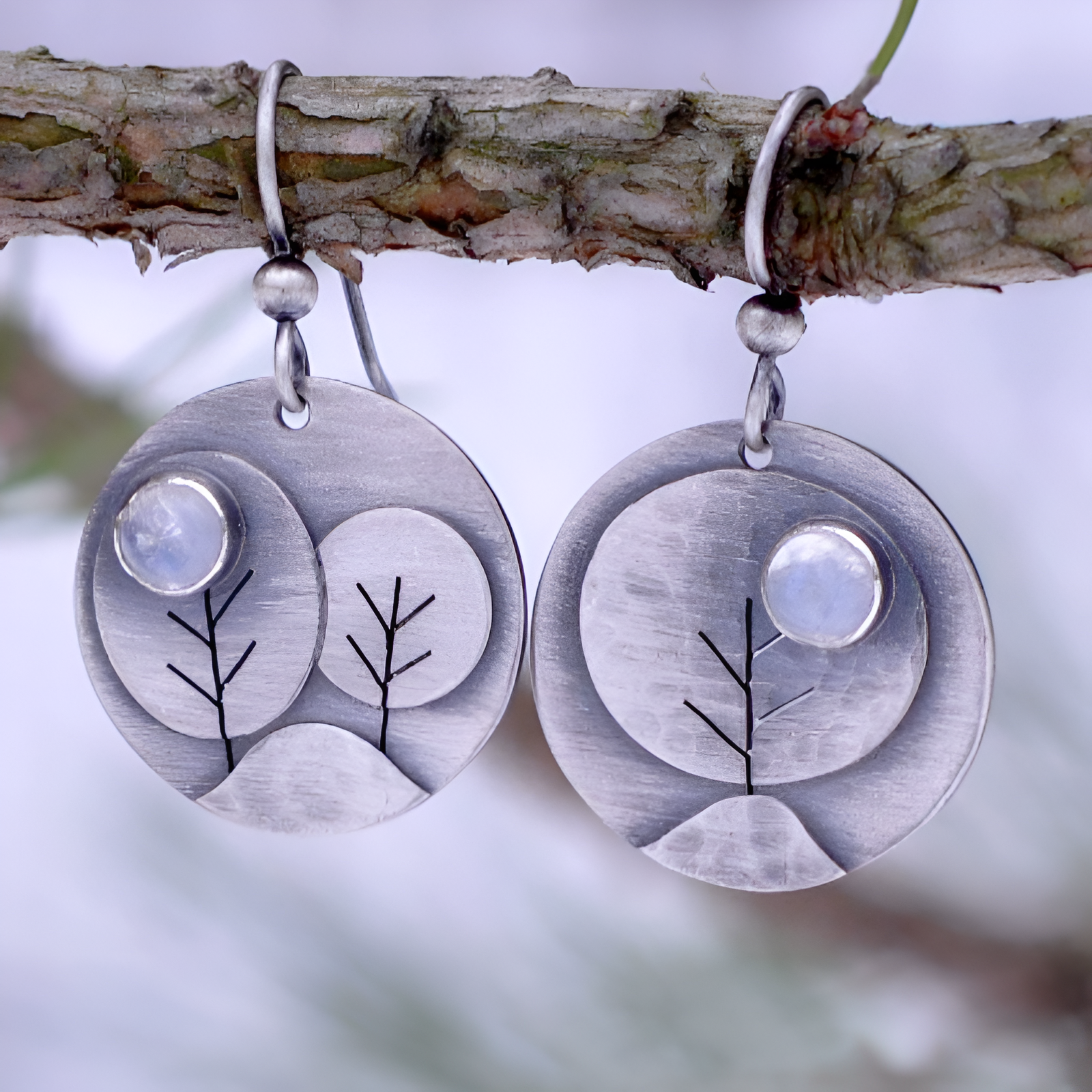 Moonstone Tree Sterling Silver Dangle Earrings